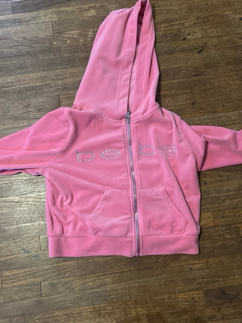 bebe Pink Velour Rhinestone Zip Hoodie